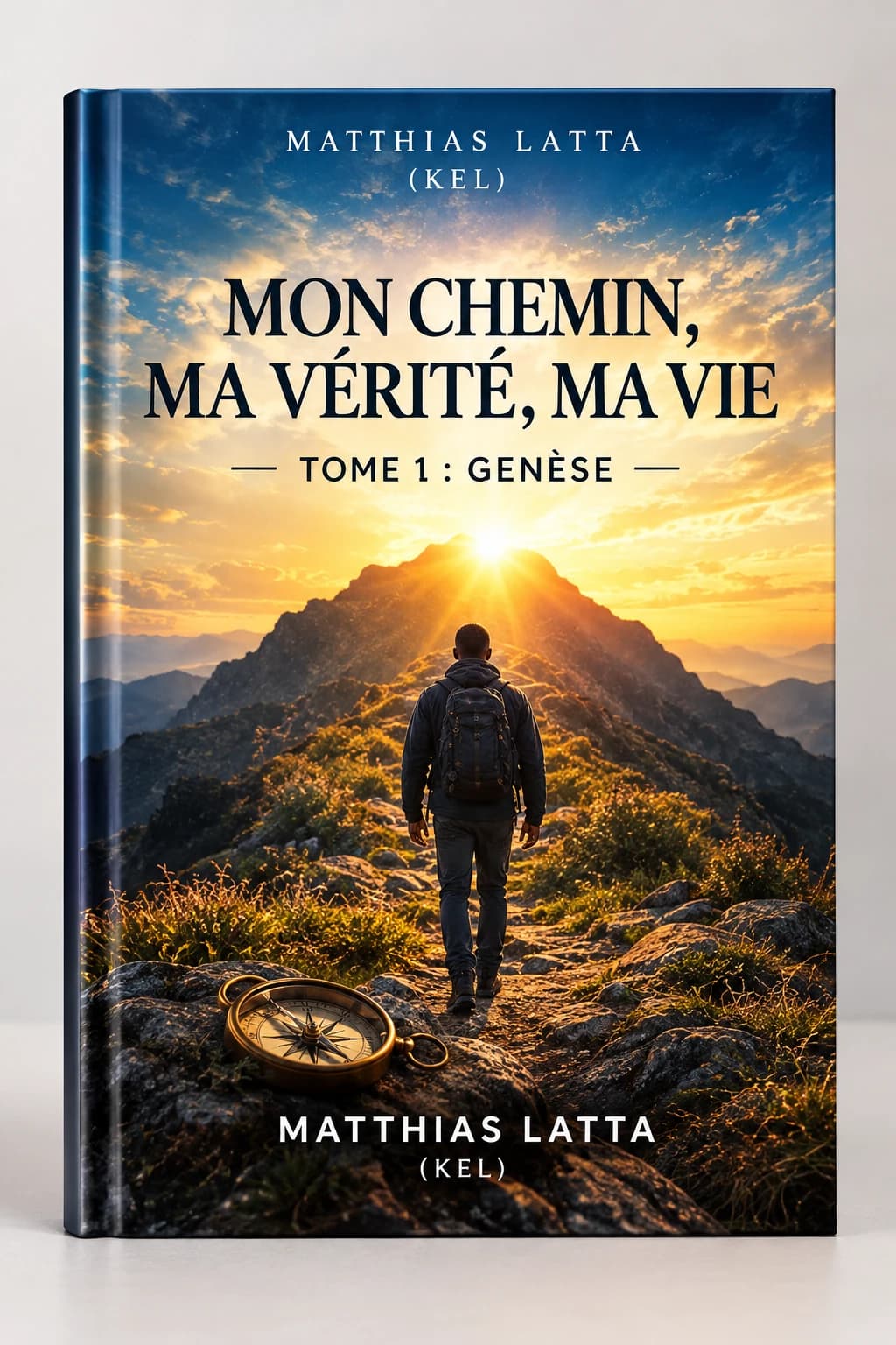 Couverture du livre Mon Chemin, Ma Vérité, Ma Vie — Tome 1 : Genèse, de Matthias Latta (KEL) : un homme marche sur un sentier de montagne vers le soleil levant