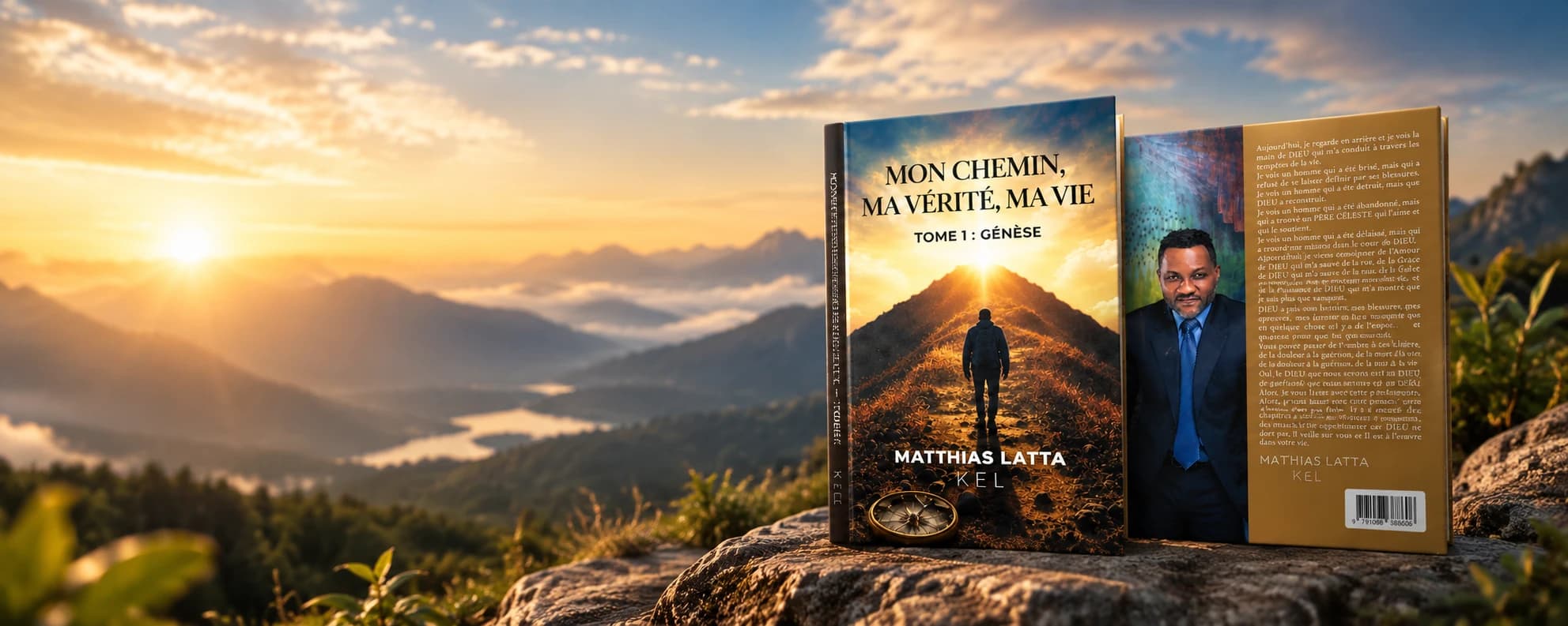 Le livre présenté recto verso sur un rocher, face à un lever de soleil sur les montagnes